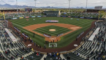 SCOTTSDALE, ARIZONA - FEBRUARY 23: An overhead view of the Oakland Athletics and Arizona Diamondbacks as they stand for the national anthem prior to the spring training game at Salt River Fields at Talking Stick on February 23, 2020 in Scottsdale, Arizona. (Photo by Jennifer Stewart/Getty Images)