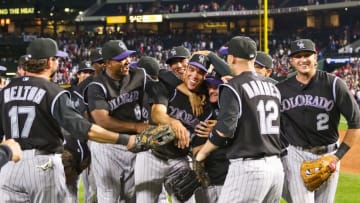 ATLANTA, GA - APRIL 17: Ubaldo Jimenez #38 of the Colorado Rockies celebrates after his no-hitter against the Atlanta Braves on April 17, 2010 at Turner Field in Atlanta, Georgia. The Rockies won 4-0. (Photo by Pouya Dianat/Atlanta Braves via Getty Images)