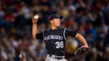 ATLANTA, GA - APRIL 17: Ubaldo Jimenez #38 of the Colorado Rockies pitches during his no-hitter against the Atlanta Braves on April 17, 2010 at Turner Field in Atlanta, Georgia. The Rockies won 4-0. (Photo by Pouya Dianat/Atlanta Braves via Getty Images)