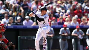 DENVER, CO - SEPTEMBER 12: Josh Fuentes #8 of the Colorado Rockies bats during the game against the St. Louis Cardinals at Coors Field on September 12, 2019 in Denver, Colorado. The Cardinals defeated the Rockies 10-3. (Photo by Rob Leiter/MLB Photos via Getty Images)