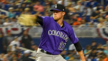 MIAMI, FL - MARCH 28: Kyle Freeland #21 of the Colorado Rockies pitching in the third inning against the Miami Marlins on Opening Day at Marlins Park on March 28, 2019 in Miami, Florida. (Photo by Mark Brown/Getty Images)