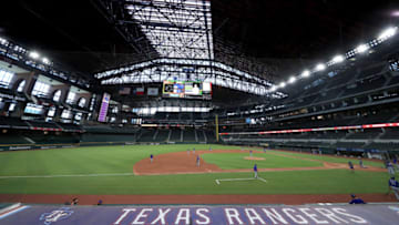 ARLINGTON, TEXAS - JULY 09: A view of the Texas Rangers during an intrasquad game during Major League Baseball summer workouts at Globe Life Field on July 09, 2020 in Arlington, Texas. (Photo by Tom Pennington/Getty Images)