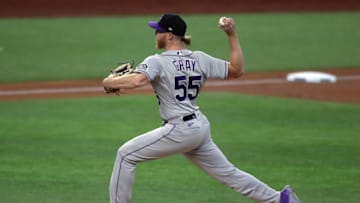 ARLINGTON, TEXAS - JULY 25: Jon Gray #55 of the Colorado Rockies throws against the Texas Rangers in the first inning at Globe Life Field on July 25, 2020 in Arlington, Texas. The 2020 season had been postponed since March due to the COVID-19 pandemic. (Photo by Ronald Martinez/Getty Images)