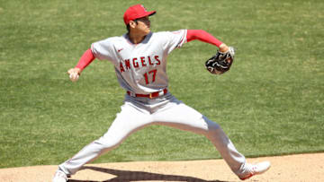 OAKLAND, CALIFORNIA - JULY 26: Shohei Ohtani #17 of the Los Angeles Angels warms up before their game before against the Oakland Athletics at Oakland-Alameda County Coliseum on July 26, 2020 in Oakland, California. The 2020 season had been postponed since March due to the COVID-19 pandemic. (Photo by Ezra Shaw/Getty Images)