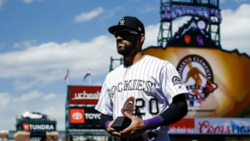 Sep 18, 2019; Denver, CO, USA; Colorado Rockies left fielder Ian Desmond (20) accepts the Roberto Clemente Award before a game against the New York Mets at Coors Field. Mandatory Credit: Isaiah J. Downing-USA TODAY Sports