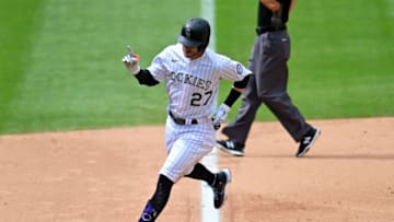Aug 6, 2020; Denver, Colorado, USA; Colorado Rockies shortstop Trevor Story (27) runs off his solo home run in the sixth inning against the San Francisco Giants at Coors Field. Mandatory Credit: Ron Chenoy-USA TODAY Sports