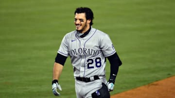 August 21, 2020; Los Angeles, California, USA; Colorado Rockies third baseman Nolan Arenado (28) reacts after the sixth inning against the Los Angeles Dodgers at Dodger Stadium. Mandatory Credit: Gary A. Vasquez-USA TODAY Sports