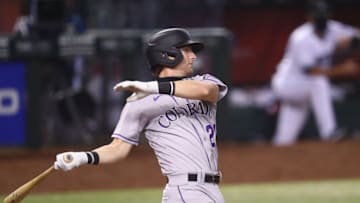 Aug 25, 2020; Phoenix, Arizona, USA; Colorado Rockies second baseman Ryan McMahon against the Arizona Diamondbacks at Chase Field. Mandatory Credit: Mark J. Rebilas-USA TODAY Sports