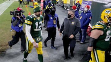 Green Bay Packers quarterback Aaron Rodgers (12) walks back to the locker room after the Green Bay Packers 31-26 loss to the Tampa Bay Buccaneers in the NFC championship playoff game Sunday, Jan. 24, 2021, at Lambeau Field in Green Bay, Wis.Packers Packers25 Mjd 08911