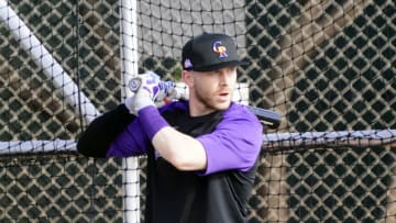 Feb 26, 2021; Scottsdale, Arizona, USA; Colorado Rockies shortstop Trevor Story (27) takes batting practice during spring training at Salt river Fields. Mandatory Credit: Rick Scuteri-USA TODAY Sports