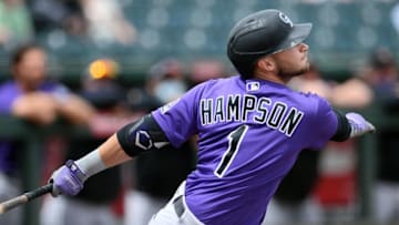 Mar 26, 2021; Goodyear, Arizona, USA; Colorado Rockies second baseman Garrett Hampson (1) bats against the Cleveland Indians during the first inning at Goodyear Ballpark. Mandatory Credit: Joe Camporeale-USA TODAY Sports