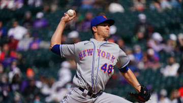 Apr 17, 2021; Denver, Colorado, USA; New York Mets starting pitcher Jacob deGrom (48) delivers a pitch in the first inning against the Colorado Rockies at Coors Field. Mandatory Credit: Ron Chenoy-USA TODAY Sports