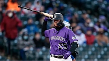Apr 17, 2021; Denver, Colorado, USA; Colorado Rockies first baseman C.J. Cron (25) reacts after striking out in the third inning against the New York Mets at Coors Field. Mandatory Credit: Isaiah J. Downing-USA TODAY Sports