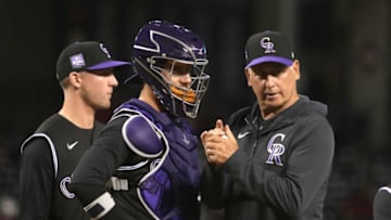 Apr 29, 2021; Phoenix, Arizona, USA; Colorado Rockies manager Bud Black talks to catcher Dom Nunez (3) in the first fifth against the Arizona Diamondbacks at Chase Field. Mandatory Credit: Rick Scuteri-USA TODAY Sports