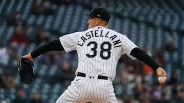 May 4, 2021; Denver, Colorado, USA; Colorado Rockies starting pitcher Ryan Castellani (38) delivers a pitch in the first inning against the San Francisco Giants at Coors Field. Mandatory Credit: Ron Chenoy-USA TODAY Sports