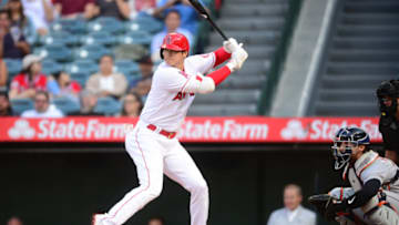 Jun 17, 2021; Anaheim, California, USA; Los Angeles Angels starting pitcher Shohei Ohtani (17) hits against the Detroit Tigers during the first inning at Angel Stadium. Mandatory Credit: Gary A. Vasquez-USA TODAY Sports