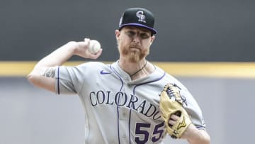 Jun 25, 2021; Milwaukee, Wisconsin, USA; Colorado Rockies pitcher Jon Gray (55) pitches in the first inning against the Milwaukee Brewers at American Family Field. Mandatory Credit: Benny Sieu-USA TODAY Sports