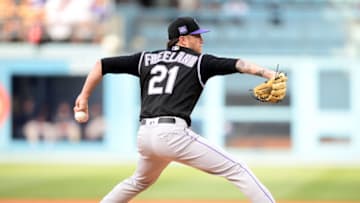 Jul 24, 2021; Los Angeles, California, USA; Colorado Rockies starting pitcher Kyle Freeland (21) throws against the Los Angeles Dodgers during the second inning at Dodger Stadium. Mandatory Credit: Gary A. Vasquez-USA TODAY Sports