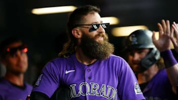 Aug 6, 2021; Denver, Colorado, USA; Colorado Rockies right fielder Charlie Blackmon (19) celebrates his two run home run during the fourth inning inning against the against the Miami Marlins at Coors Field. Mandatory Credit: Ron Chenoy-USA TODAY Sports