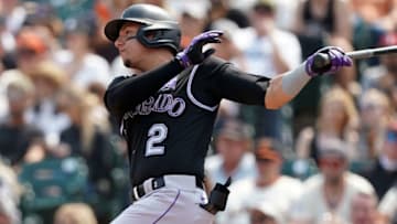 Aug 15, 2021; San Francisco, California, USA; Colorado Rockies right fielder Yonathan Daza (2) hits a single during the seventh inning against the San Francisco Giants at Oracle Park. Mandatory Credit: Darren Yamashita-USA TODAY Sports
