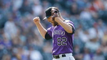 Aug 18, 2021; Denver, Colorado, USA; Colorado Rockies relief pitcher Daniel Bard (52) reacts after a game against the San Diego Padres at Coors Field. Mandatory Credit: Isaiah J. Downing-USA TODAY Sports