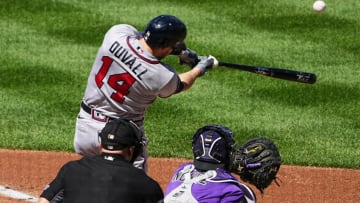 Sep 5, 2021; Denver, Colorado, USA; Atlanta Braves left fielder Adam Duvall (14) hits a three run home run in the third inning against the Colorado Rockies at Coors Field. Mandatory Credit: Ron Chenoy-USA TODAY Sports