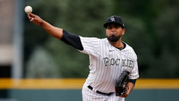 Jun 29, 2022; Denver, Colorado, USA; Colorado Rockies starting pitcher German Marquez (48) pitches in the first inning against the Los Angeles Dodgers at Coors Field. Mandatory Credit: Isaiah J. Downing-USA TODAY Sports