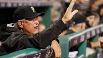 Oct 7, 2015; Pittsburgh, PA, USA; Pittsburgh Pirates manager Clint Hurdle (13) gestures in the dugout against the Chicago Cubs during the sixth inning in the National League Wild Card playoff baseball game at PNC Park. The Cubs won 4-0. Mandatory Credit: Charles LeClaire-USA TODAY Sports