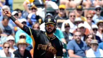 Mar 28, 2015; Bradenton, FL, USA; Pittsburgh Pirates third baseman Sean Rodriguez (3) throws to first base in the second inning of the spring training game against the Toronto Blue Jays at McKechnie Field. Mandatory Credit: Jonathan Dyer-USA TODAY Sports