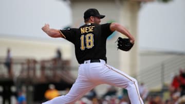 Mar 3, 2016; Bradenton, FL, USA; Pittsburgh Pirates starting pitcher Jonathon Niese (18) throws a pitch during the second inning against the Toronto Blue Jays at McKechnie Field. Mandatory Credit: Kim Klement-USA TODAY Sports