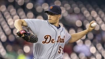 Sep 14, 2015; Minneapolis, MN, USA; Detroit Tigers starting pitcher Kyle Lobstein (53) delivers a pitch in the first inning against the Minnesota Twins at Target Field. Mandatory Credit: Jesse Johnson-USA TODAY Sports