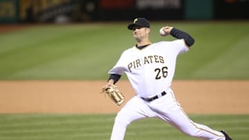 Apr 6, 2016; Pittsburgh, PA, USA; Pittsburgh Pirates relief pitcher Cory Luebke (26) pitches against the St. Louis Cardinals during the ninth inning at PNC Park. The Pirates won 5-1. Mandatory Credit: Charles LeClaire-USA TODAY Sports
