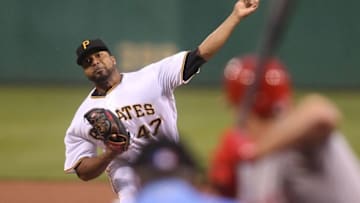 Apr 30, 2016; Pittsburgh, PA, USA; Pittsburgh Pirates starting pitcher Francisco Liriano (47) pitches against Cincinnati Reds right fielder Jay Bruce (32) during the second inning at PNC Park. Mandatory Credit: Charles LeClaire-USA TODAY Sports