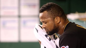 May 24, 2016; Pittsburgh, PA, USA; Pittsburgh Pirates starting pitcher Francisco Liriano (47) wipes his face in the dugout after being removed from the game against the Arizona Diamondbacks during the sixth inning at PNC Park. Mandatory Credit: Charles LeClaire-USA TODAY Sports