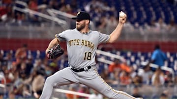 Jun 1, 2016; Miami, FL, USA; Pittsburgh Pirates starting pitcher Jonathon Niese (18) throws against the Miami Marlins during the first inning at Marlins Park. Mandatory Credit: Steve Mitchell-USA TODAY Sports