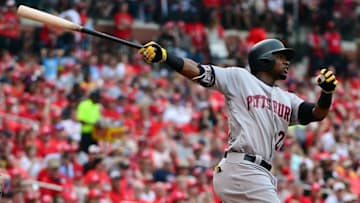 Jul 4, 2016; St. Louis, MO, USA; Pittsburgh Pirates right fielder Gregory Polanco (25) hits a two run home run off of St. Louis Cardinals starting pitcher Carlos Martinez (not pictured) during the sixth inning at Busch Stadium. Mandatory Credit: Jeff Curry-USA TODAY Sports