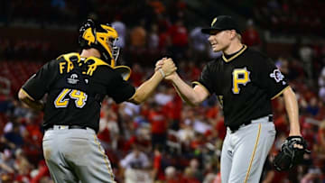Jul 6, 2016; St. Louis, MO, USA; Pittsburgh Pirates relief pitcher Mark Melancon (35) celebrates with catcher Eric Fryer after defeating the St. Louis Cardinals at Busch Stadium. The Pirates won 7-5. Mandatory Credit: Jeff Curry-USA TODAY Sports
