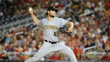 Jul 16, 2016; Washington, DC, USA; Pittsburgh Pirates starting pitcher Gerrit Cole (45) throws against the Washington Nationals during the second inning at Nationals Park. Mandatory Credit: Brad Mills-USA TODAY Sports