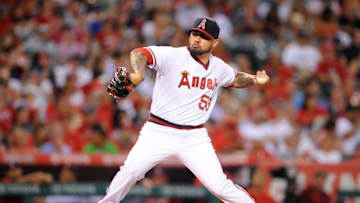 July 20, 2016; Anaheim, CA, USA; Los Angeles Angels starting pitcher Hector Santiago (53) throws in the third inning against Texas Rangers at Angel Stadium of Anaheim. Mandatory Credit: Gary A. Vasquez-USA TODAY Sports