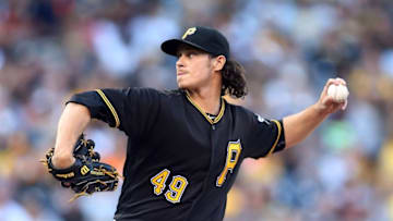 Jul 20, 2016; Pittsburgh, PA, USA; Pittsburgh Pirates starting pitcher Jeff Locke (49) delivers a pitch against the Milwaukee Brewers during the first inning at PNC Park. Mandatory Credit: Charles LeClaire-USA TODAY Sports