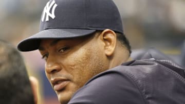 Jul 31, 2016; St. Petersburg, FL, USA; New York Yankees pitcher Ivan Nova (47) looks on from the dugout against the Tampa Bay Rays at Tropicana Field. Mandatory Credit: Kim Klement-USA TODAY Sports