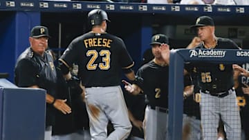 Aug 4, 2016; Atlanta, GA, USA; Pittsburgh Pirates third baseman David Freese (23) celebrates a home run with teammates against the Atlanta Braves in the eighth inning at Turner Field. Mandatory Credit: Brett Davis-USA TODAY Sports