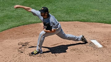 Aug 13, 2016; Los Angeles, CA, USA; Pittsburgh Pirates starting pitcher Gerrit Cole (45) pitches during the first inning against the Los Angeles Dodgers at Dodger Stadium. Mandatory Credit: Jake Roth-USA TODAY Sports
