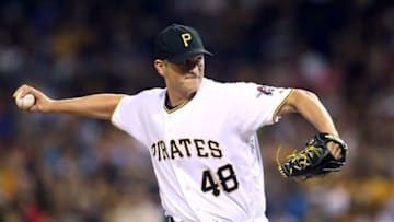 Aug 19, 2016; Pittsburgh, PA, USA; Pittsburgh Pirates relief pitcher Jared Hughes (48) pitches against the Miami Marlins during the seventh inning at PNC Park. Mandatory Credit: Charles LeClaire-USA TODAY Sports