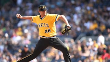 Jun 5, 2016; Pittsburgh, PA, USA; Pittsburgh Pirates relief pitcher Jared Hughes (48) pitches against the Los Angeles Angels during the ninth inning at PNC Park. The Angels won 5-4. Mandatory Credit: Charles LeClaire-USA TODAY Sports