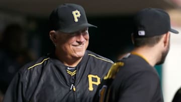 Sep 16, 2016; Cincinnati, OH, USA; Pittsburgh Pirates manager Clint Hurdle (left) talks with outfielder Matt Joyce (right) during the first inning against the Cincinnati Reds at Great American Ball Park. Mandatory Credit: David Kohl-USA TODAY Sports
