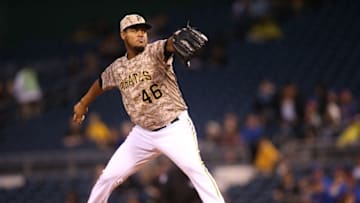 Sep 29, 2016; Pittsburgh, PA, USA; Pittsburgh Pirates starting pitcher Ivan Nova (46) delivers a pitch against the Chicago Cubs during the first inning at PNC Park. Mandatory Credit: Charles LeClaire-USA TODAY Sports