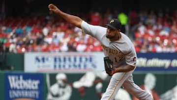 Oct 1, 2016; St. Louis, MO, USA; Pittsburgh Pirates relief pitcher Juan Nicasio (12) delivers a pitch against the St. Louis Cardinals at Busch Stadium. Mandatory Credit: Scott Rovak-USA TODAY Sports