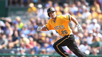 Jul 10, 2016; Pittsburgh, PA, USA; Pittsburgh Pirates right fielder Adam Frazier (26) runs the bases against the Chicago Cubs during the eighth inning at PNC Park. Chicago won 6-5. Mandatory Credit: Charles LeClaire-USA TODAY Sports