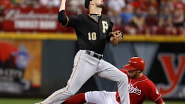 Sep 16, 2016; Cincinnati, OH, USA; Cincinnati Reds catcher Ramon Cabrera (right) is forced out at second as Pittsburgh Pirates shortstop Jordy Mercer (10) throws to first to complete a double play during the fourth inning at Great American Ball Park. Mandatory Credit: David Kohl-USA TODAY Sports